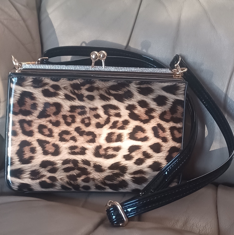 Source Unknown Leopard Print Frame Crossbody Bag in Black and Brown